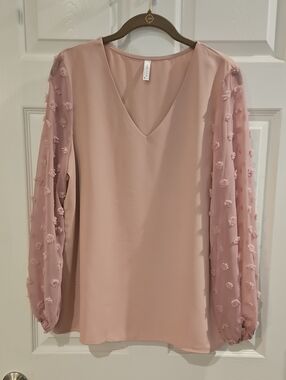 Women's Blush Pink V-Neck Textured Sleeve Blouse